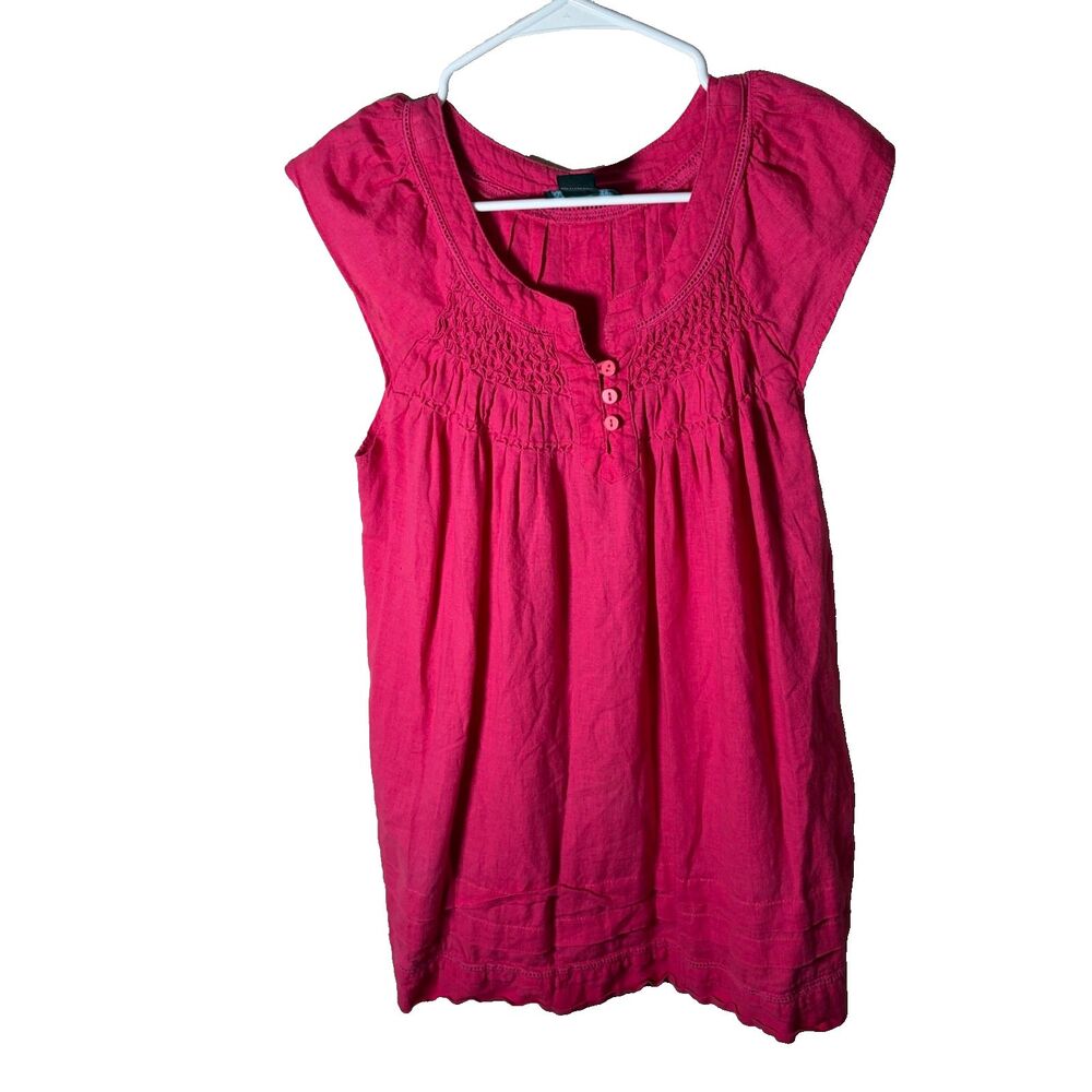 Cynthia Rowley Blouse Women's Large Pink Lace Henley Linen Blend Cap Sleeve